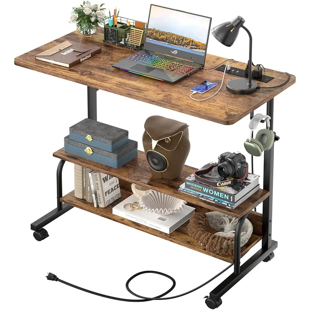 

32"" Height Adjustable Standing Desk With Power Outlets - Manual Rolling Stand Up Desk With Wheels Small Portable Computer Desk