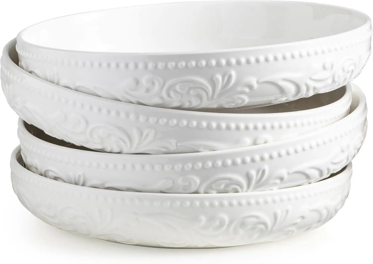 Set of 4 Ceramic Pasta Bowls, 50 OZ Large Salad Serving Dish, Microwave and Dishwasher Safe with Embossed Pattern