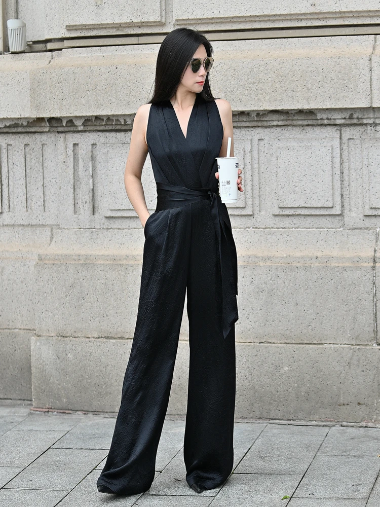 

Spring Summer 2026 Slimming Design Triacetate Texture Wide Leg Jumpsuit Women's No Sve High Waist Long Pants Original Design