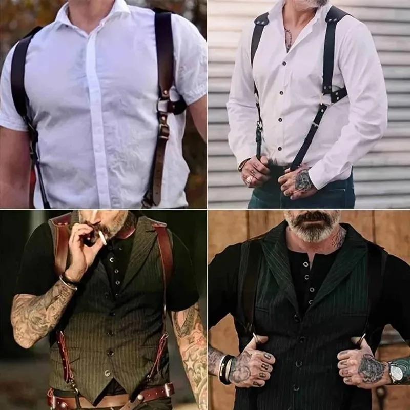 New Men's Medieval Renaissance Clothing Shoulder Accessories Webbing Harness Chest PunkVintage Leather Braces