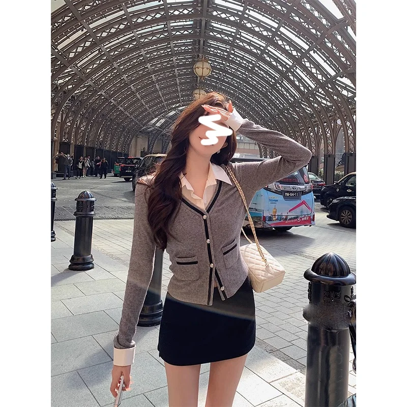 

Новый весенний женский вязаный открытый кардиган с высокой талией и воротником из двух предметов, длинный воротник Sve Faion Ensemble