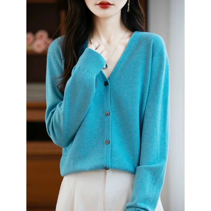 Autumn Autumn Women Cashmere Knit Cardigan V-Neck Solid Color Fashion High-Grade Comfortable Loose Casual Knitwear Ladies Tops