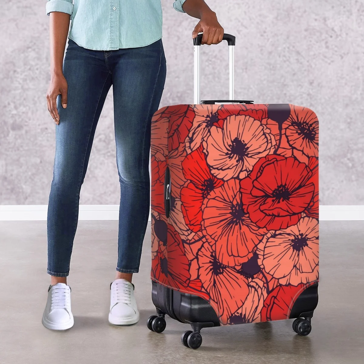 Red Flower Pattern Bagagem Capas para Mulheres, Sujo Resistente Mala Protetor, Não-Poeira Lavável Capas de Bagagem, Fit para 18-32"