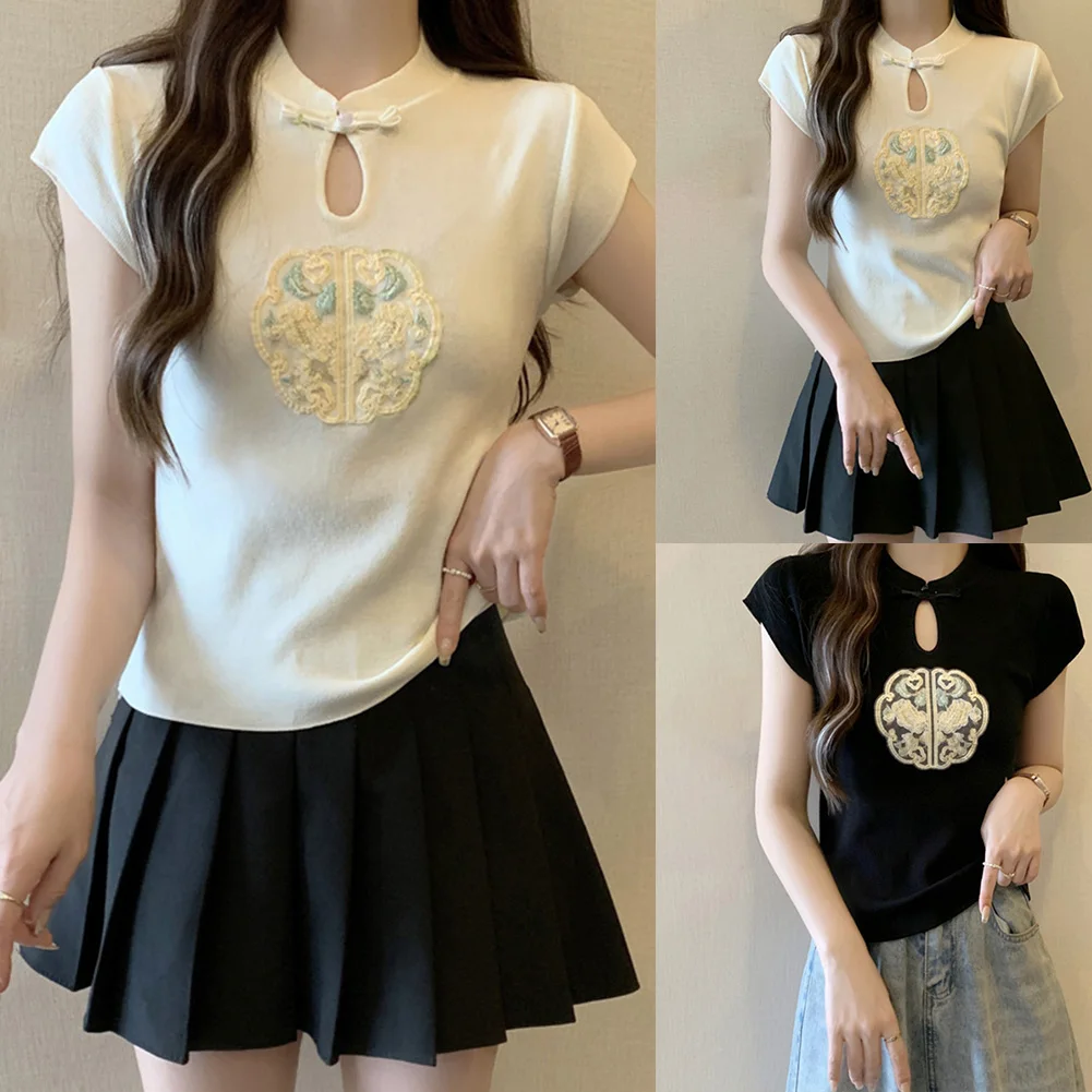 คอกระดุมปักกลวงด้านบนสวมใส่ทุกวันเสื้อผ้าความยาวปกติเสื้อผ้าเสื้อแขนสั้นสีแอปริคอท