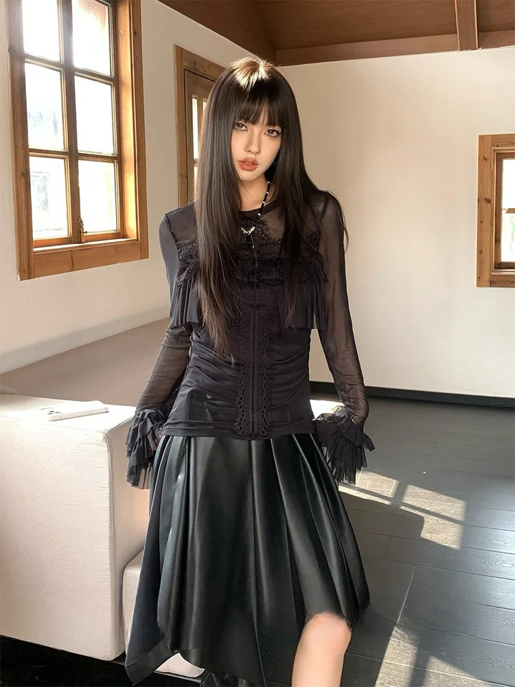 

Черная женская футболка с длинным рукавом, облегающая, с кружевной сеткой, летняя, повседневная, с присборенной талией, с оборками, дышащая, приятная к телу.