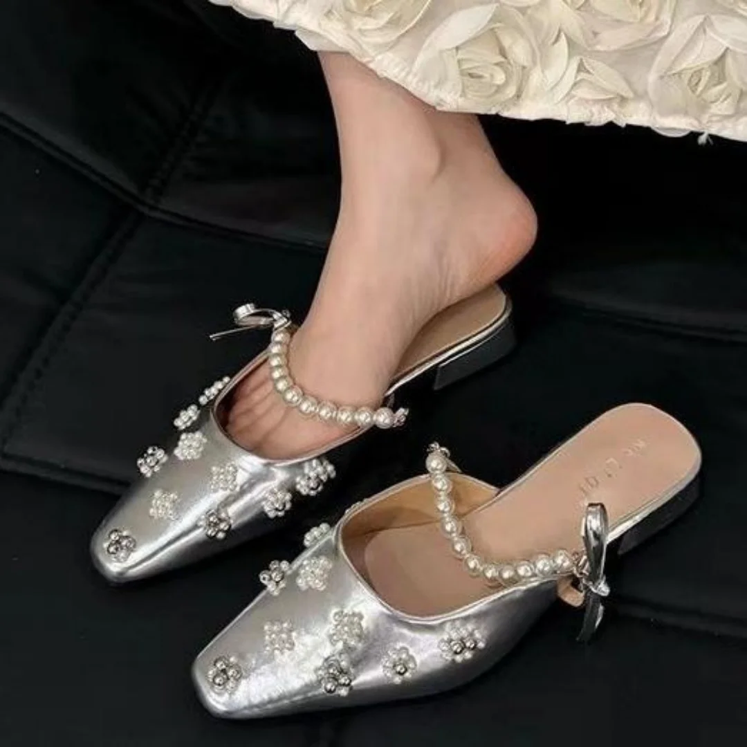 

2026 New Women Square Toe Heels Chinese Style Elegant Beaded Decor Closed Toe Mules Daily Commute Retro Outdoor Slip On Shoes