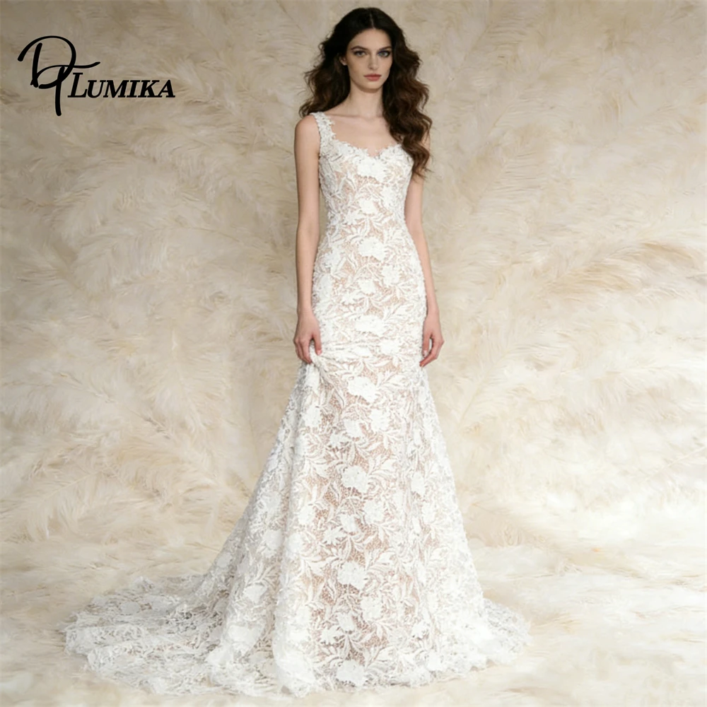 

Women Long Lace Bride Dress Tank Sleeves Sheath Wedding Dresses Women's Romantic Prom Cocktail Maxi Gown Tailored Fitting