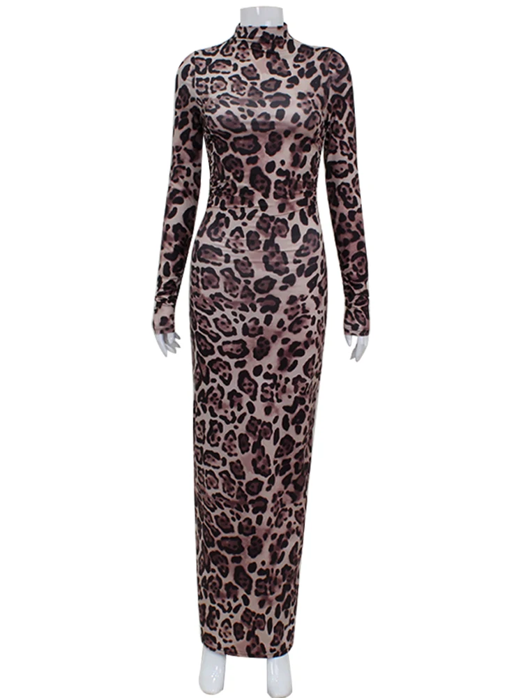 Ahagaga Fashion Sexy Leopard Printed Long Dresses Turtleneck Regular Casual Y2K Full Sleeve Slim Sheath Skinny Vestidos Robes