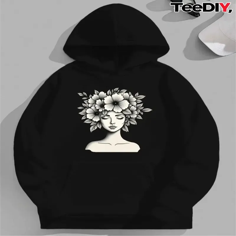 

Осенне-зимняя одежда больших размеров, женская толстовка больших размеров, женская цветочная корона, линия, художественное лицо, графический уличный стиль, элегантный мягкий Y2k