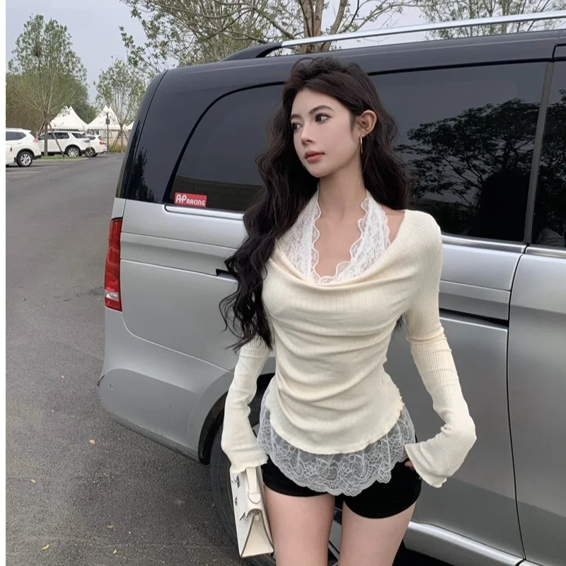 レトロなレーススプライシングニットフェイクツーピースTシャツ女性の秋冬インナーウェア多用途な着用方法ベースシャツ