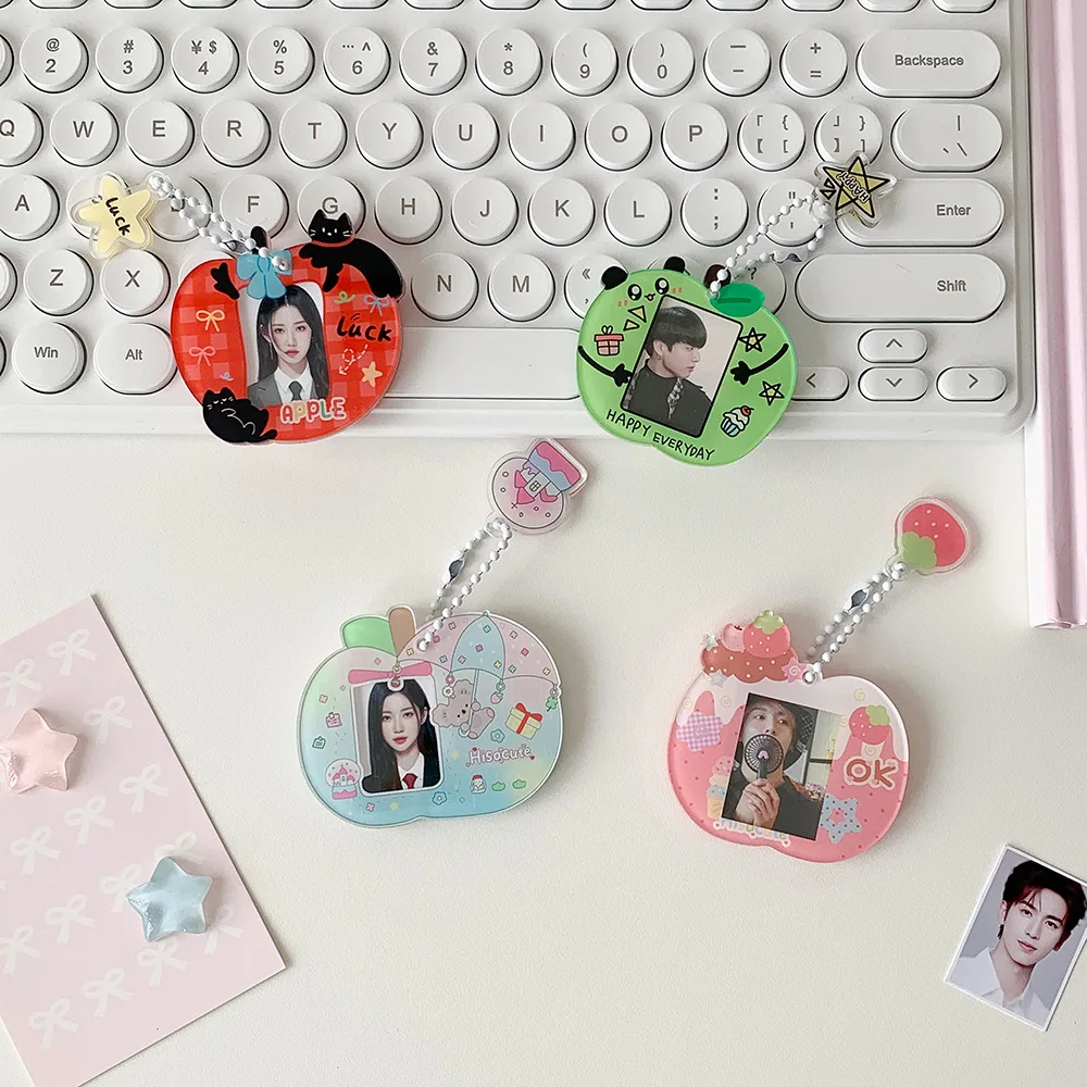 Acrylic Cute Apple Shape Kpop Photocard Holder Keychain Photo Card Holder 1.5x1 Inch ID Badge Holder Bus Credit Bank Card Decor