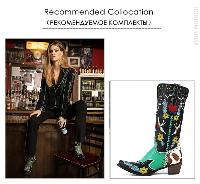 BONJOMARISA Western Cowboy Women Boots Cowgirl Mid Calf Boots Heart Retro Embroidered Slip On Chunky Casual Spring Shoes Woman