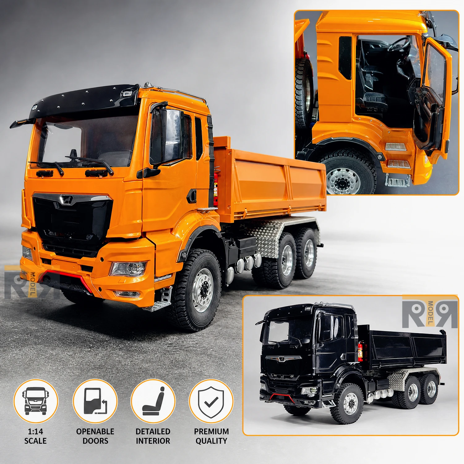 RC Hydraulic Truck 1/14 6x6 Remote Control Dump Truck Model CNC Metal Cab with Openable Door RTR Version Remote Control Toy