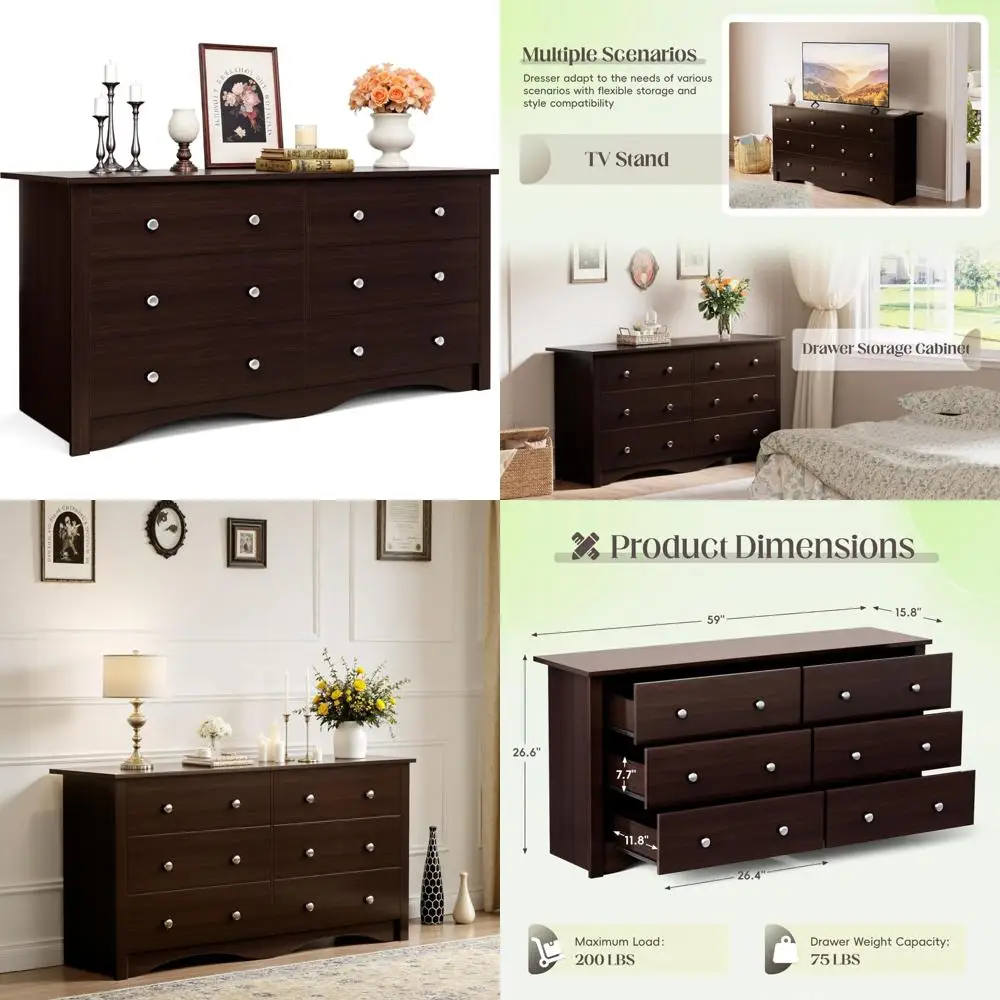 Modern 6-Drawer Wood Dresser for Bedroom Storage with Wide Tower Design