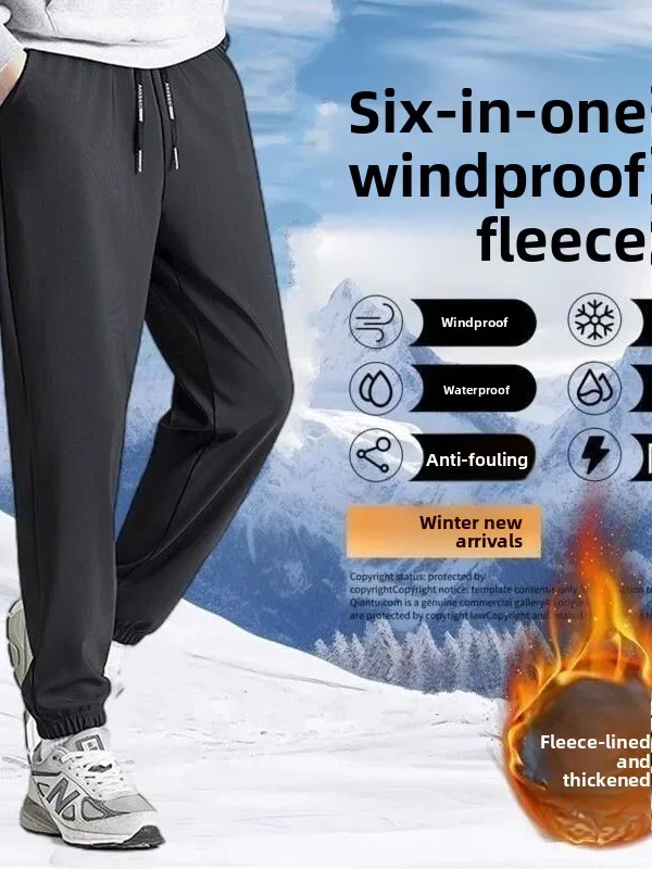 Thickened Fleece Anti-Cold Casual Sports Pants Men's Loose Fit Windproof Water Repellent Warmth Comfortable Autumn Winter Tro...