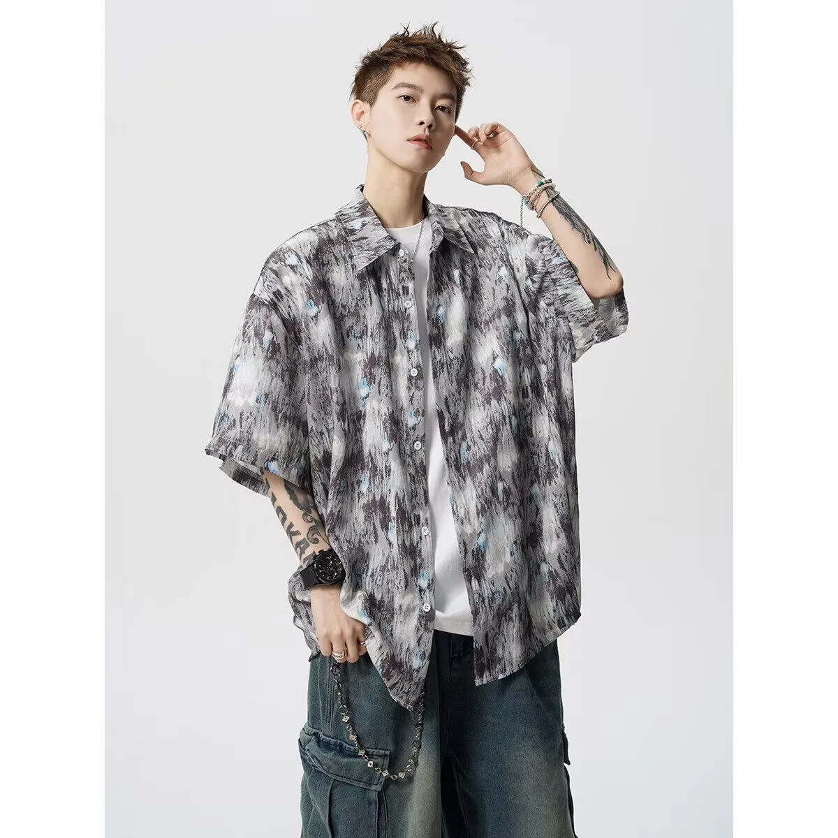 City Boy Y2K Ins Chic Tie Dye Ice Silk Shirts Tops Male Summer Trendy Gothic Hippie Festival Party Nightclub Plog Vlog Blouse