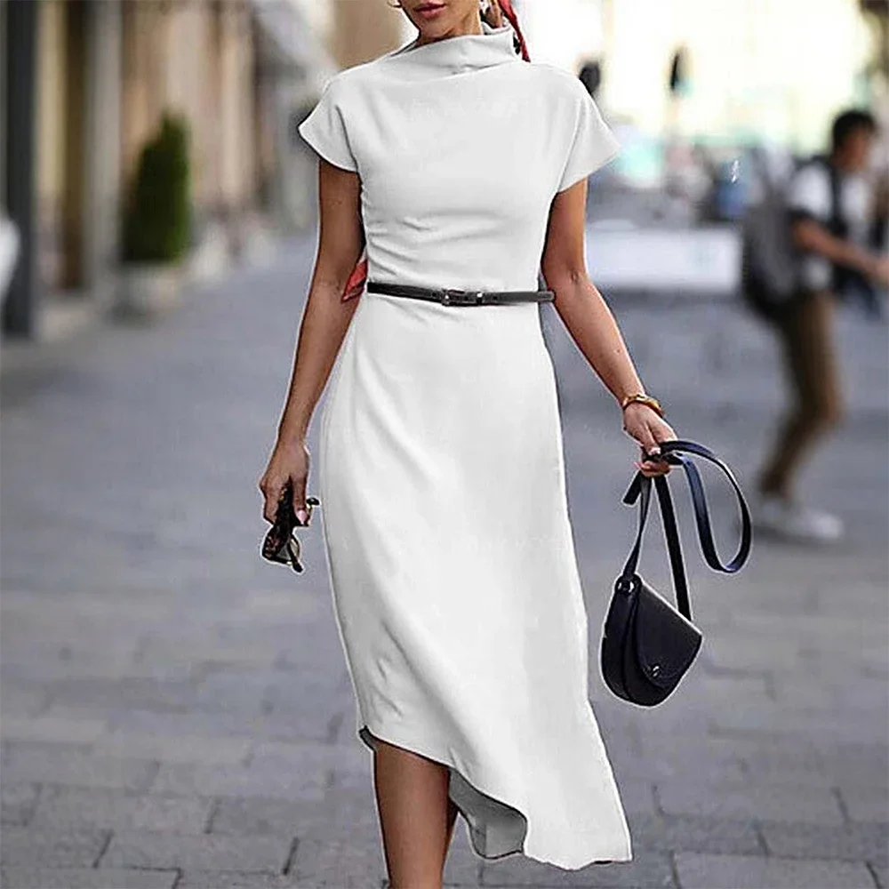 

CPSYMYM Dresses Summer Simple Fashion Asymmetrical Design Short Sleeve Mock Neck Midi Casual Shift Dresses For Women