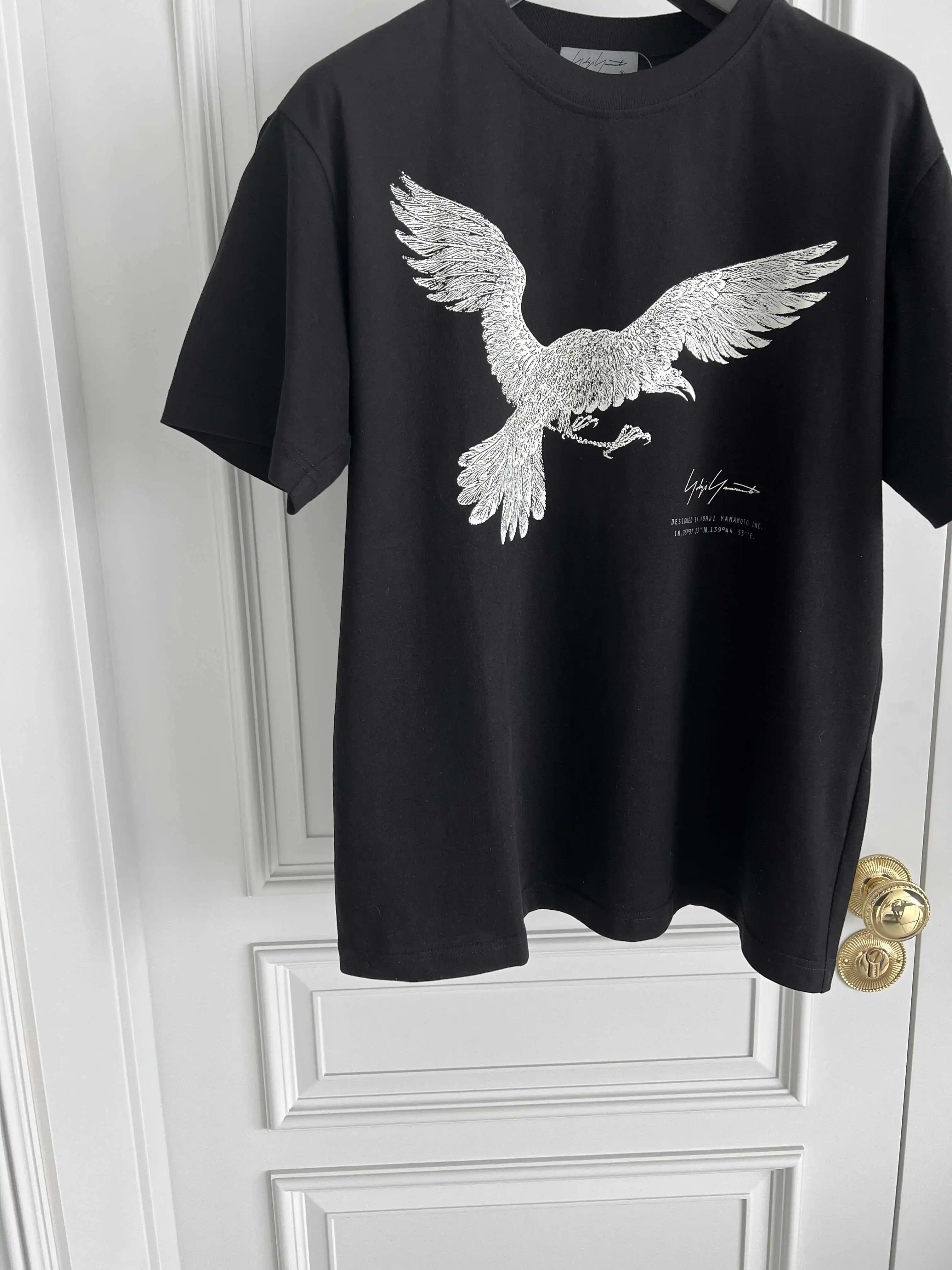 TOP-YAMAMOTO original design Crow short-sleeved black printed T-shirt Trendy loose large-sized pure cotton