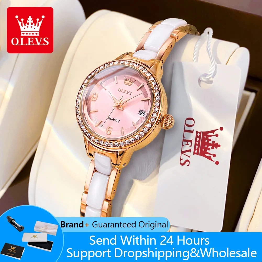 OLEVS 7093 Quartz Watches For Women Luxury Exquisite Small Dial Diamond Bezel Ceramics Steel Strap Waterproof Ladies Wristwatch