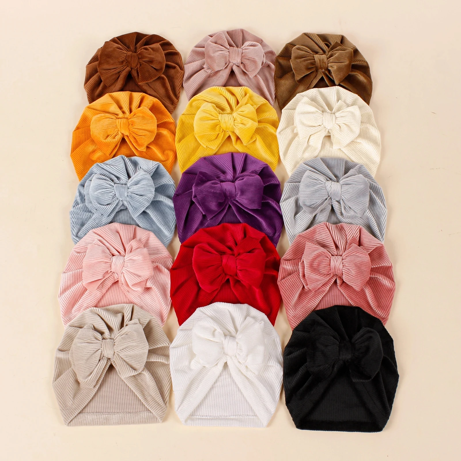 

15 PCS/Lot Corduroy Fabric Knot Bow Baby Beanie Hat Infant Toddlers Ear Warmer Turban Headwrap Baby Hair Accessories