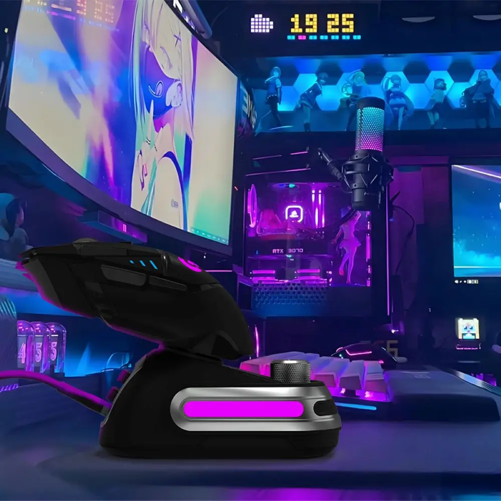 قاعدة شحن لاسلكية Fanxoo G-Power Mouse لـ Logitech G502 G502X Plus GPW G903 مع مقبض التحكم في مستوى الصوت للكمبيوتر بإضاءة RGB