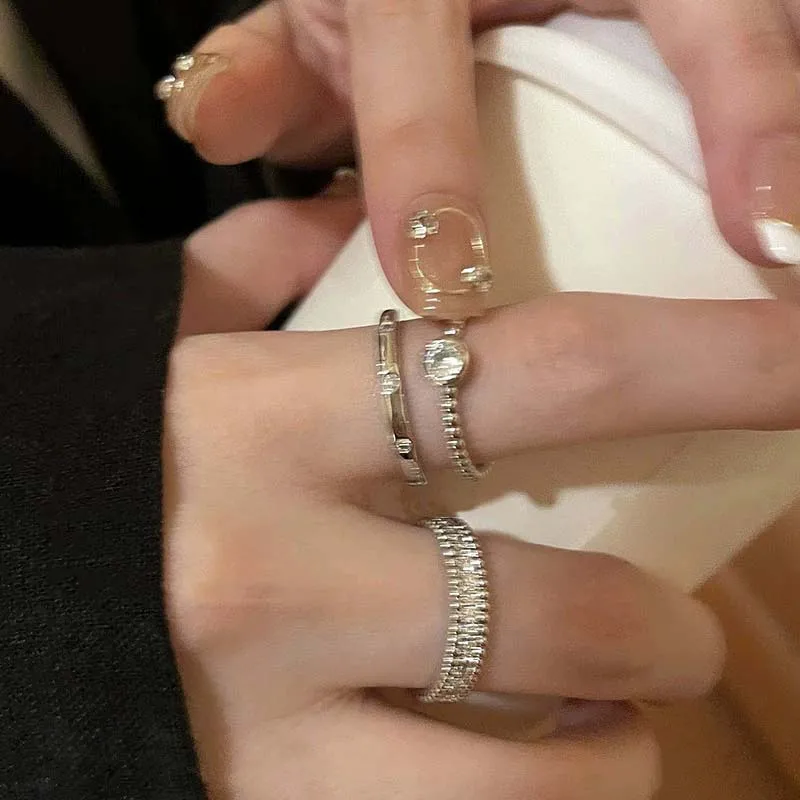 New Personality Plain Circle Silver Color Elegance Open Mouth Rings Three-piece Set for Women Trend Party Aesthetic Jewelry Gift