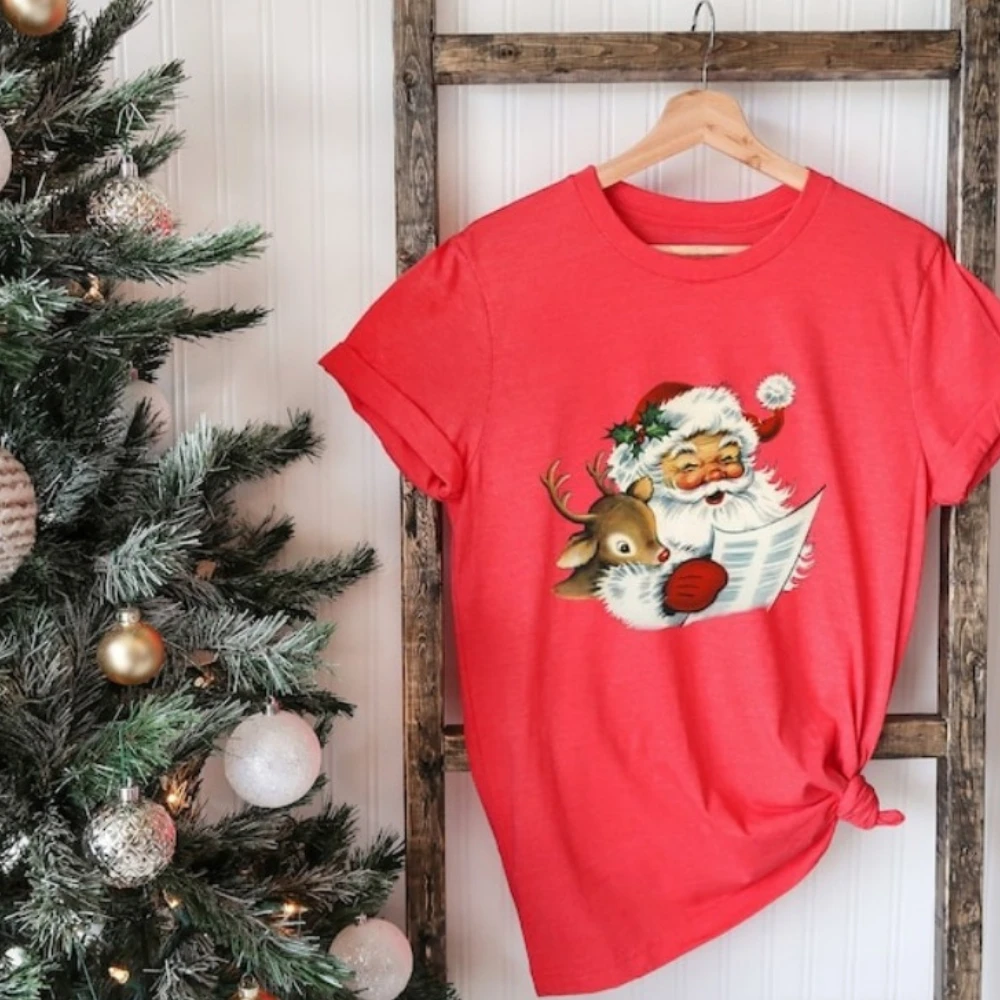 

Christmas Santa Shirt Retro Santa Shirt Christmas Gift Fashion Streetwear O-neck Short-sleeve Cotton Unisex Tops