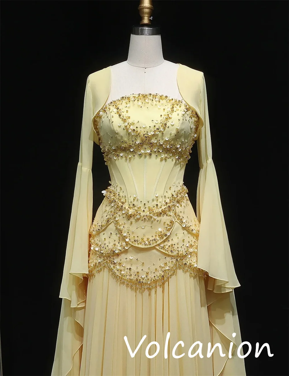 Personalizado estilo chinês chiffon lantejoulas plissado a linha vestidos longos recortados sob medida ocasião brilho