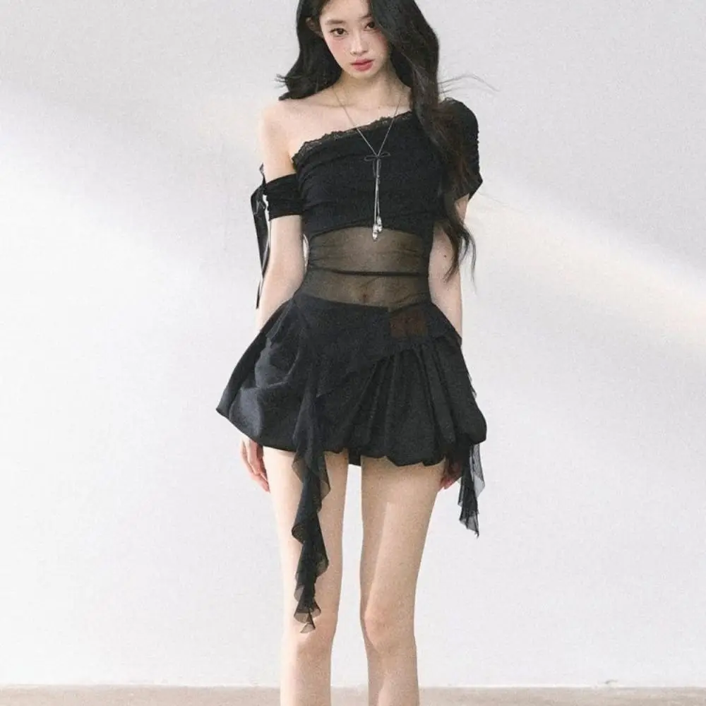 Elegant Y2K Streetwear Lace Tank Top Slant Neck Asymmetrical Irregular Top Lace Sheer Slim Fit Spicy Girl Top Casual Wear