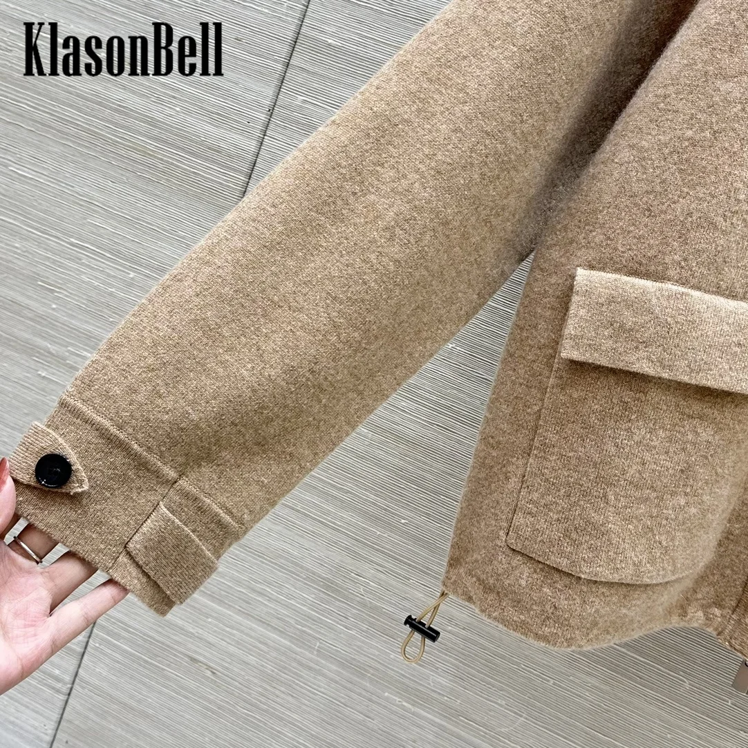 8.22 KlasonBell Women Fashion Stand Collar Hooded Cashmere Jacket Detachable Adjustable Big Pocket Zipper Coat