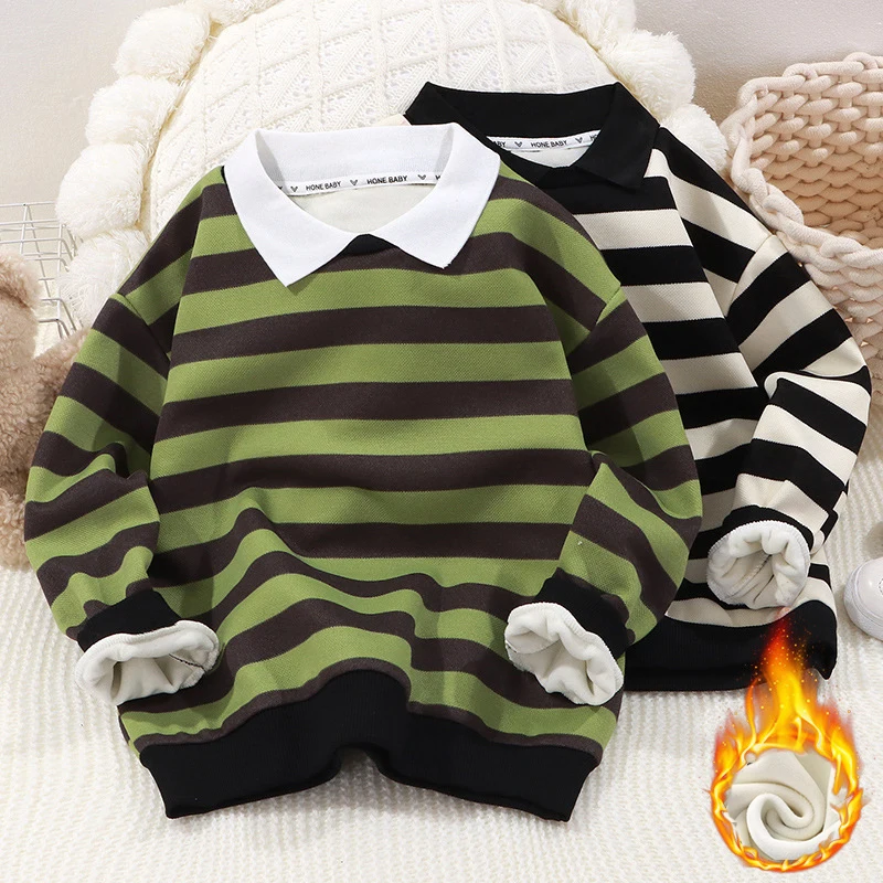 

0-11 Years Baby Boys Warm Top Fall Winter Toddler Thickening POLO Style Sweatshirt Kids Stripe Daily Leisure Thickened Sweate