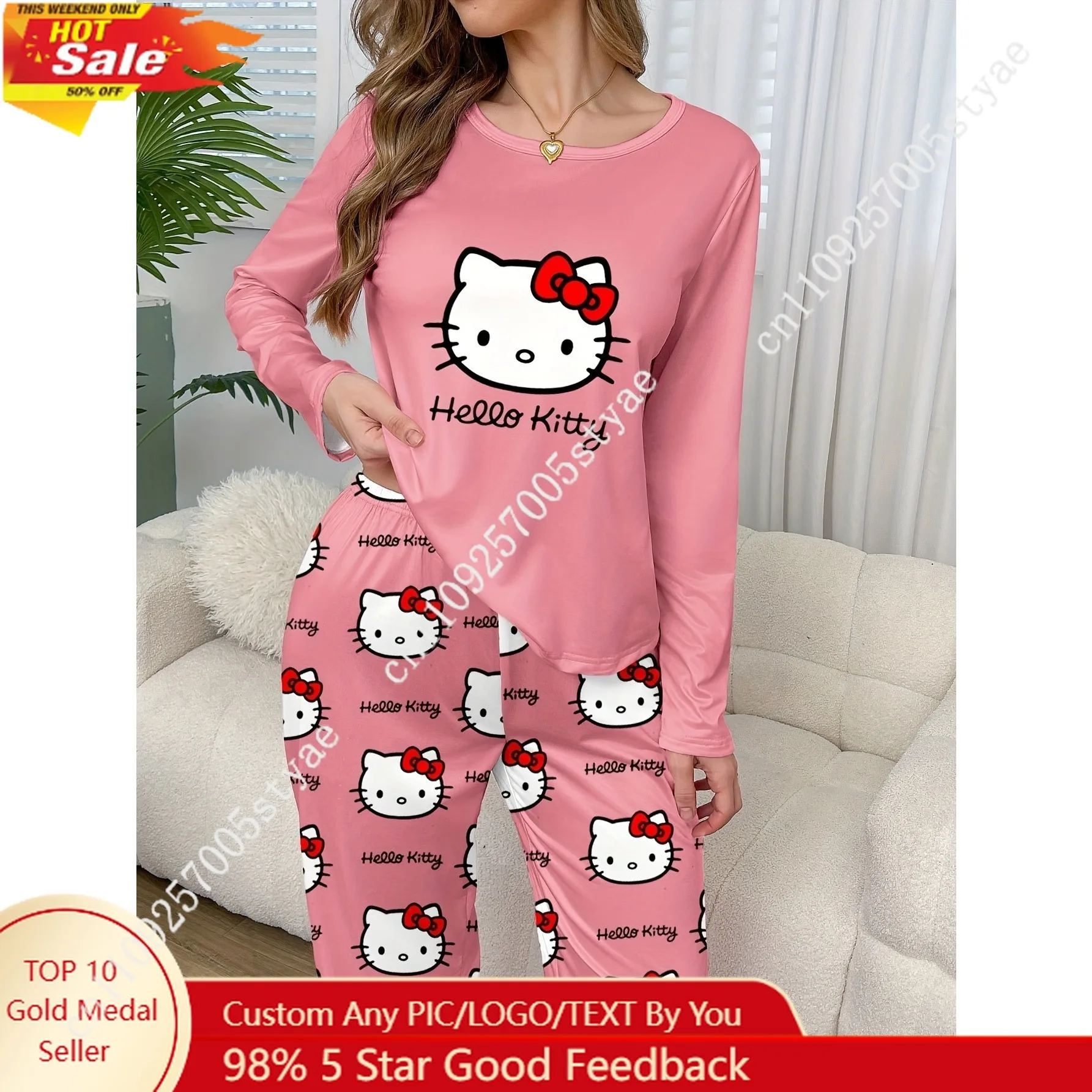 

Sanrio Hello Kitty Women's Printed Pajama Set Long Sleeve Round Neck Top and Pants Comfortable Loose Fit Sanrio Summer Clothes