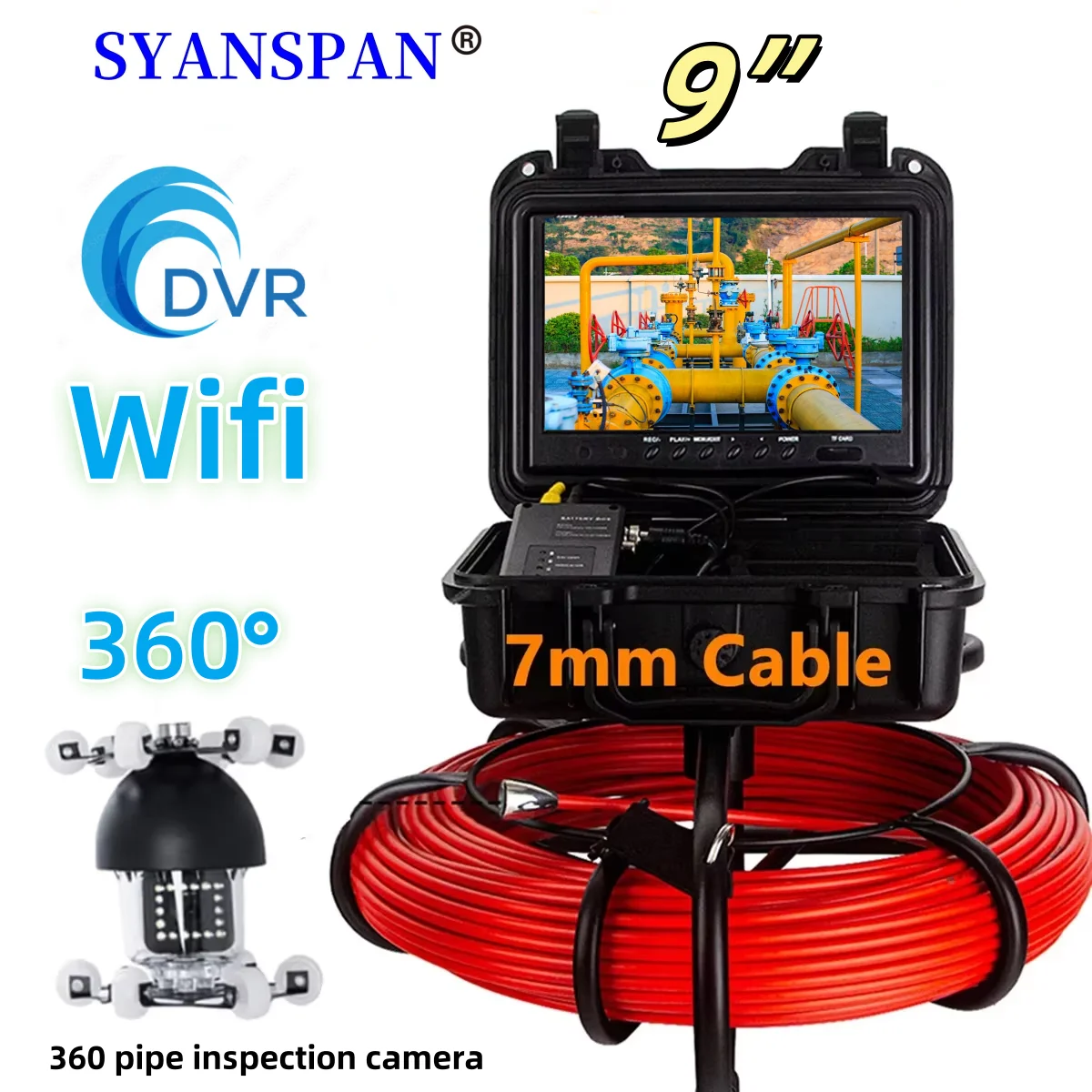 Pipe Inspection Camera, SYANSPAN 9Inch Screen 8GB DVR Drain Sewer Pipeline Industrial Endoscope 360 degree Camera Head20/50/100M