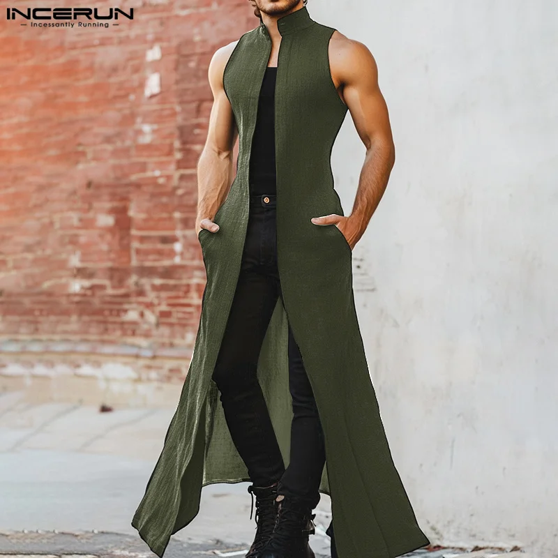 INCERUN Men Long Style Shirt Solid Color Stand Collar Sleeveless Open Stitch Cardigan Men Streetwear 2025 Fashion Outerwear