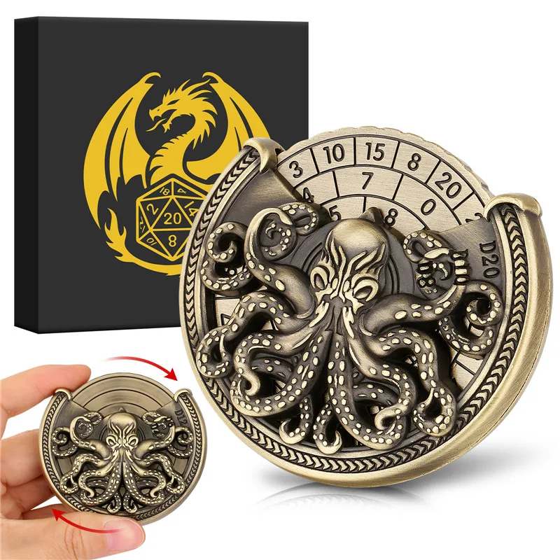 7-in-1 Octopus Eyes Metallwürfel Spinner Retro Würfel Roulette für Tabletop RPG Entertainment Gaming Wheel mit Dragon Present Box