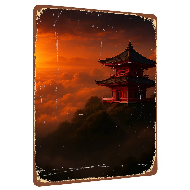 Chinese Ancient Architecture Sunset Clouds Art Custom Iron Wall Decor for Living Room Study