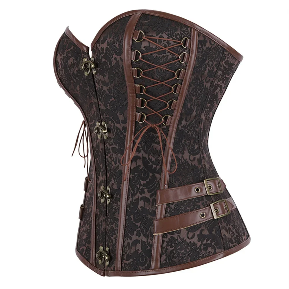 Women Dark Brown Gothic Overbust Corset Tops Lace-up Decoration Vintage Steampunk Boned Bodice Slimming Shaper Strapless Bustier