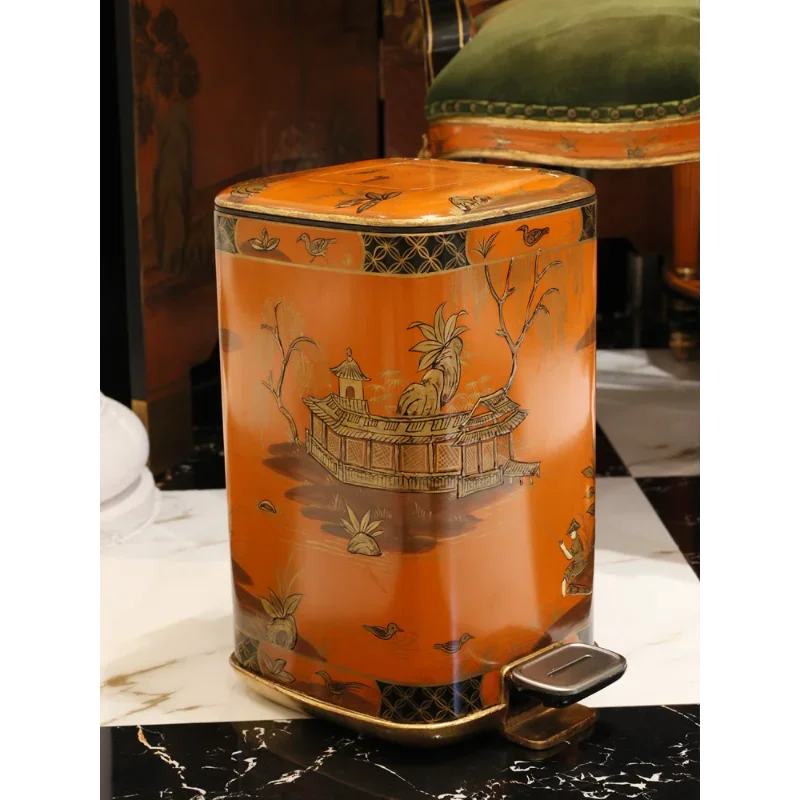 French Chinese Style Luxury Fashion Orange Hand Painted Landscape Gold Foil Villa Foot Pedal Decorative Trash Can