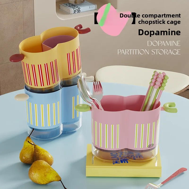 Colorful Dopamine Chopstick Holder Multi-Compartment Kitchen Organizer Drain Holes Countertop Tabletop Utensil Storage Basket
