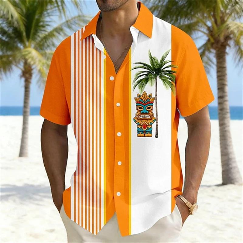 

Men's Retro Tiki Hawaiian Shirt Colorful Tiki Palm Tree Print Casual Short Sleeve Button Down Shirt Tropical Summer Beach Style