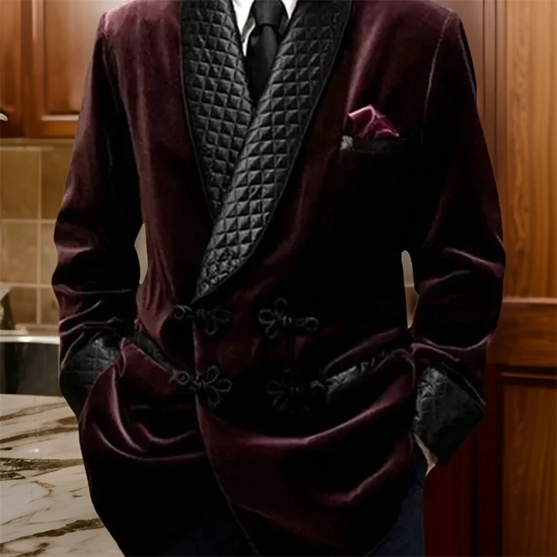 Velvet Smoking Jacket 1 Pc with Mandarin Buttons Shawl Lapel Long Casual Business Blazer 2024 Male Fashion Coat