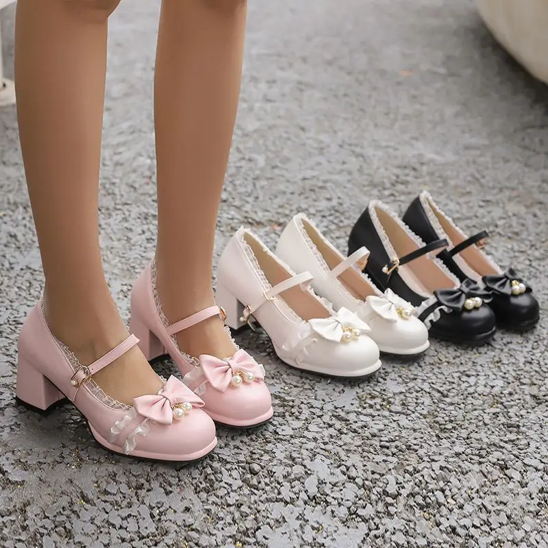 ASILETO Brand Sweet Women Pumps Round Toe Chunky Heels Buckle Strap Bowknot Lolita Girls Daily Shoes Large Size 42 43 Autumn