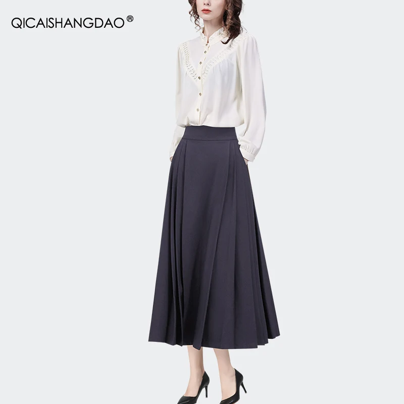 2024 Spring High Waist Pleated Long Skirt Grey-purple A-line Big Swing Elegant Retro Ladylike Casual Working Skirts