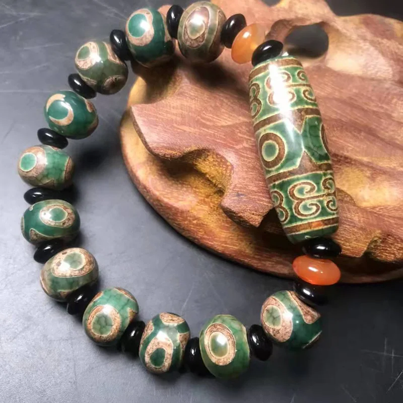 Natural Tibetan Reflux Green Agate with Three Eyes, Beaded Beads and Abacus Beads, Ethnic Wind Bracelet Jewelry