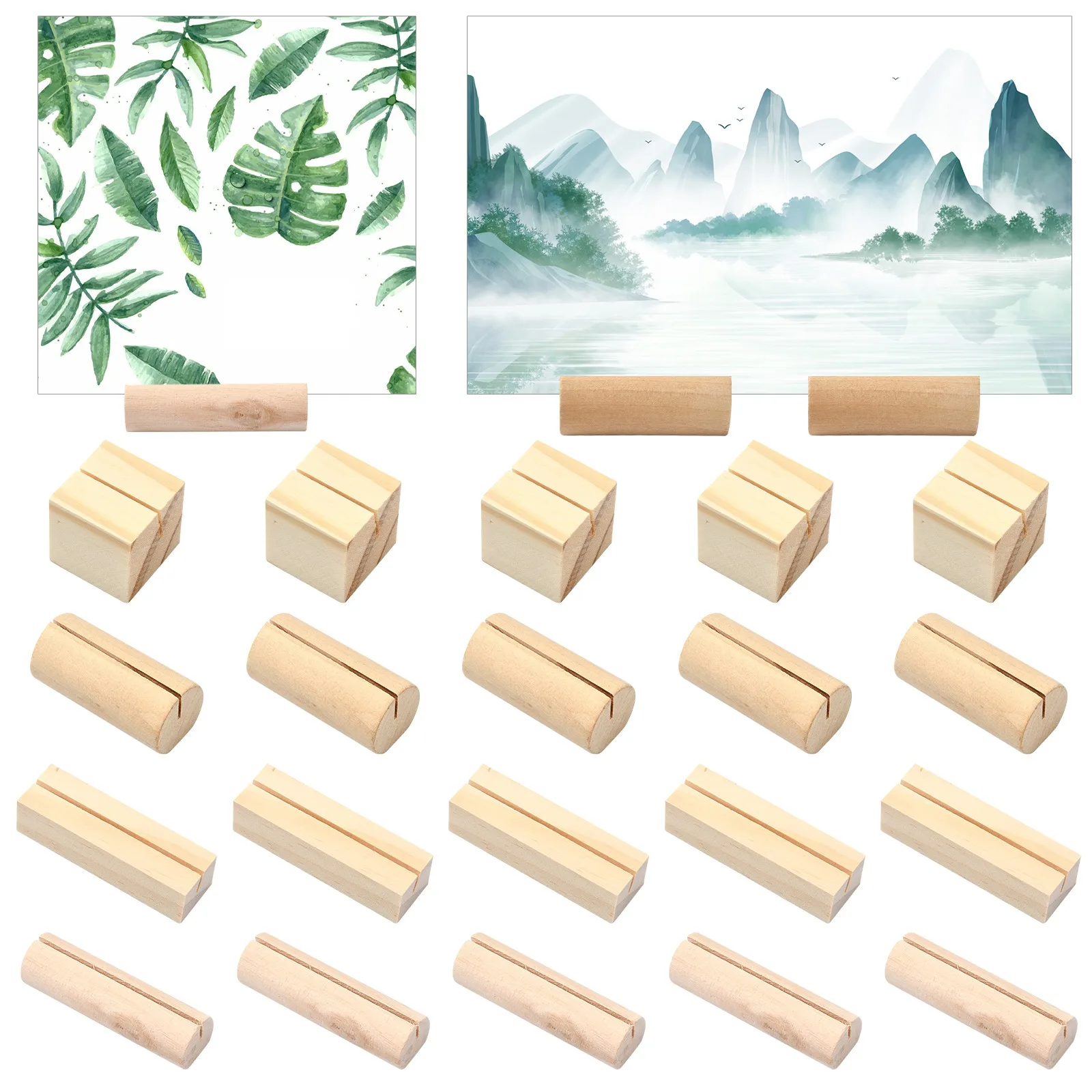 20Pcs 4 Styles Wooden Place Card Holders Set Wood Table Number Stands Picture Name Card Holders for Wedding Party Events Decor