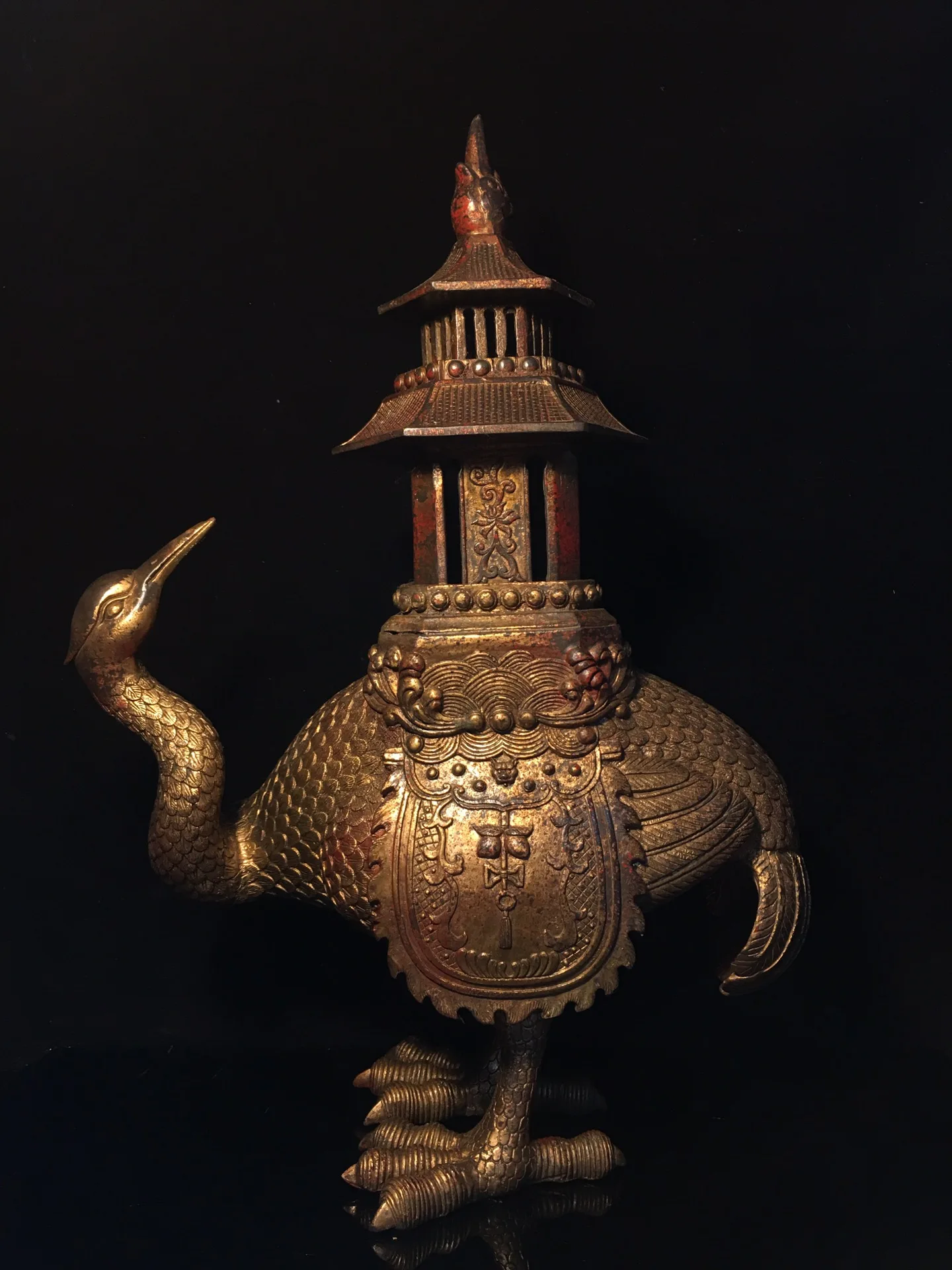 

17"Tibetan Temple Collection Old Bronze Cinnabar Mud gold Crane care pagoda incense burner ornament Town house Exorcism