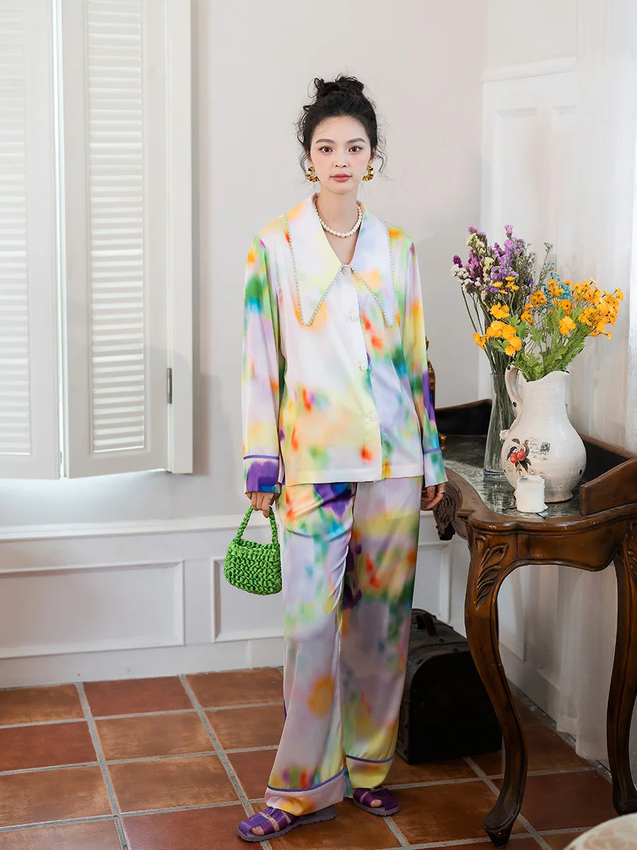 2 Pieces Set Women Sleepwear Watercolor Print Long-sleeved Pajamas Spring Diamond-encrusted Large Lapel Silk Home Clothes Suit