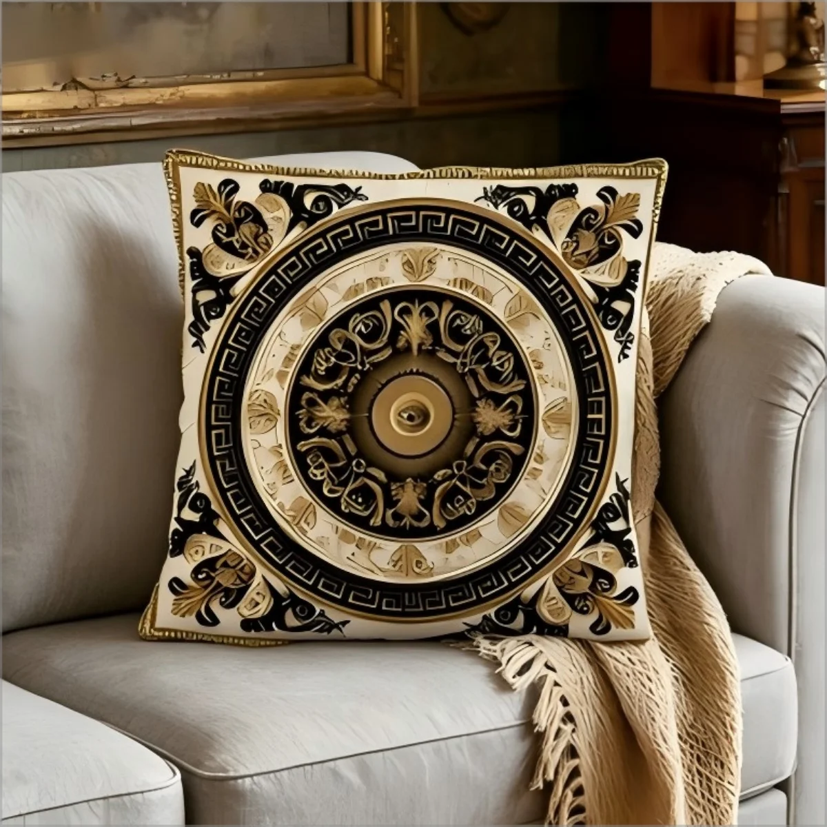 Luxury European Style Pillow Cover Black Gold Baroque Medallion Print Soft Throw Pillow Case for Vintage Royal Home Decor Gift