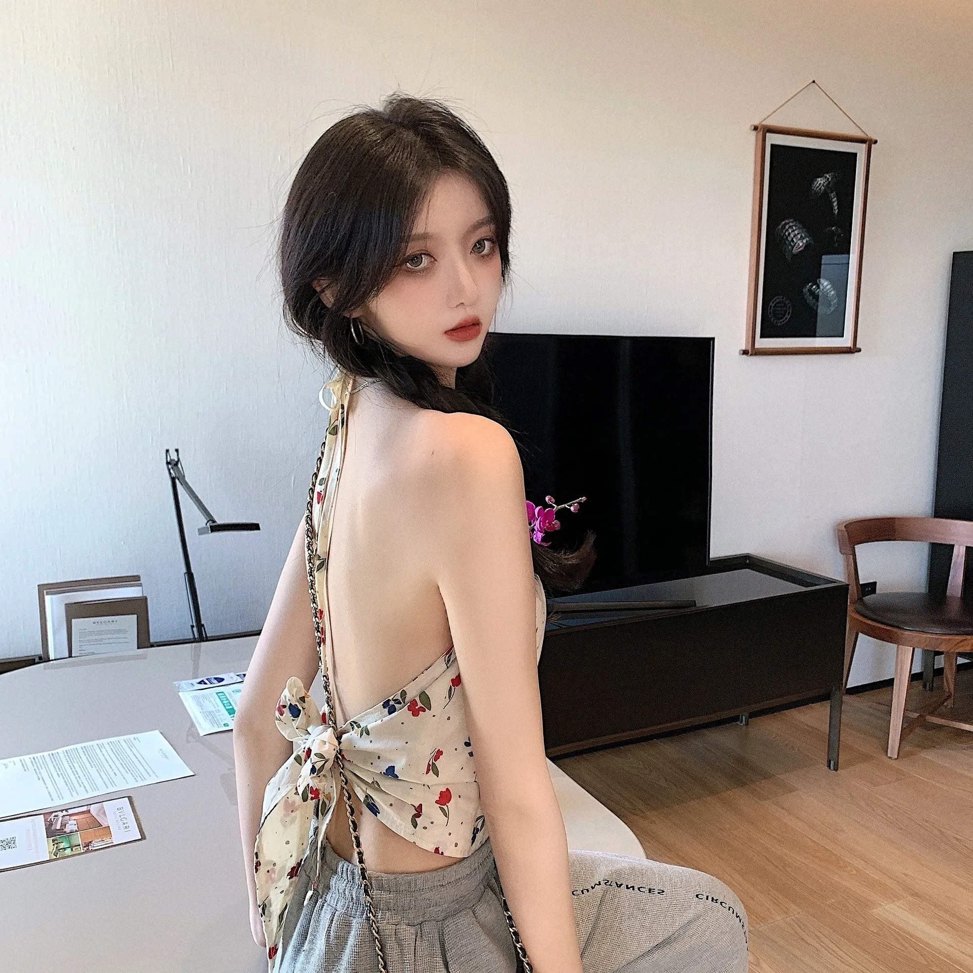 

2026 Summer New Floral Halter Top Butterfly Strap Bandeau Women Slim Sleeveless Vest Sweet Casual Outerwear Camisole Daily Style