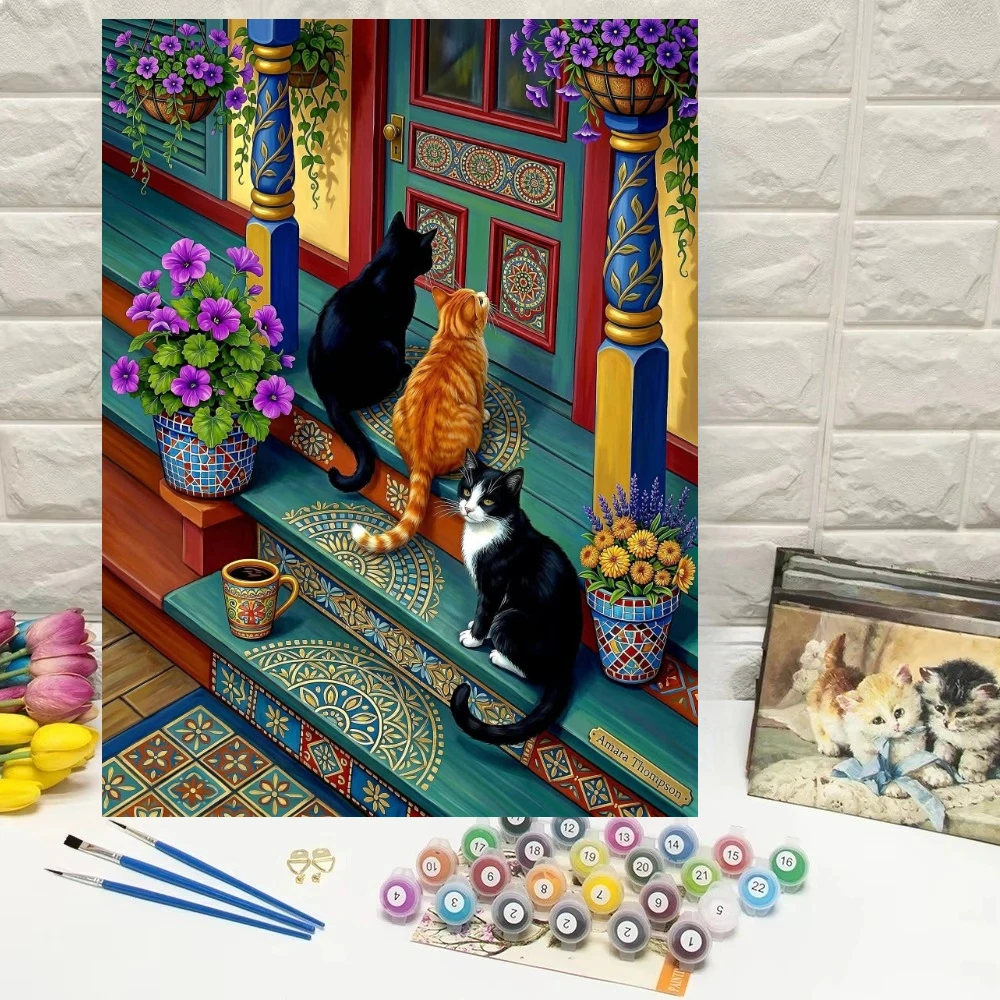 Colorful Porch Cats Scenery Modern Wall Decor Diamond Painting By Numbers Diamond Art for Living Room Bedroom Gift No Frame